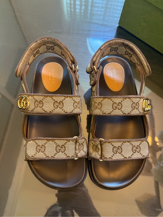 Gucci Shoes - Gucci Brown Beige GG Canvas Sandals with Gold Double-G Accent